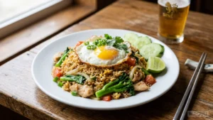 Khao Pad – thajská smažená rýže s vejcem, zeleninou a podle varianty s kuřecím masem, krevetami nebo vepřovým, dochucená rybí či sójovou omáčkou.