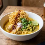 Khao Soi – severothajská polévka s vaječnými nudlemi v kořeněném kokosovém kari vývaru, často s kuřecím masem a křupavými nudlemi na povrchu.