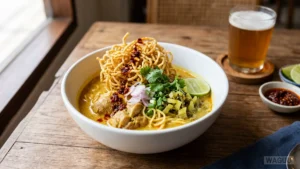 Khao Soi – severothajská polévka s vaječnými nudlemi v kořeněném kokosovém kari vývaru, často s kuřecím masem a křupavými nudlemi na povrchu.