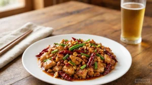 Kung Pao Chicken (宫保鸡丁) – pikantní sečuánské jídlo z kuřecího masa, arašídů, chilli papriček a aromatické omáčky se sójovou omáčkou a octem.