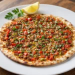 Lahmacun – Dünner, knuspriger Fladen, bestrichen mit einer Mischung aus Hackfleisch, Tomaten, Paprika, Zwiebeln und Kräutern, oft serviert mit Zitrone und frischem Gemüse.