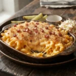 Mac and Cheese – Nudeln mit reichhaltiger Käsesauce, oft aus Cheddar, goldbraun überbacken