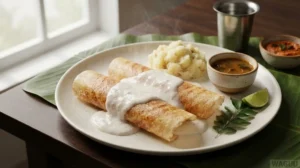 Masala Dosa – tenká křupavá fermentovaná placka z rýže a čočky s kořeněnými bramborami