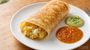 Masala Dosa – tenká, křupavá palačinka z fermentovaného rýžového a čočkového těsta, plněná kořeněnými bramborami a podávaná s kokosovým čatní a polévkou sambar.