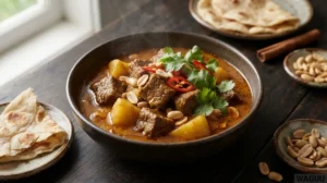 Massaman Curry – aromatické kari s hovězím masem, kokosovým mlékem, bramborami a arašídy