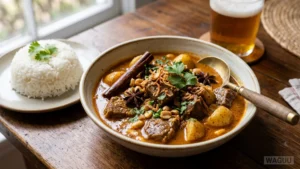 Massaman Curry – jemnější, bohaté kari s kokosovým mlékem, bramborami, masem, arašídy a směsí koření s vlivy indické a malajské kuchyně.