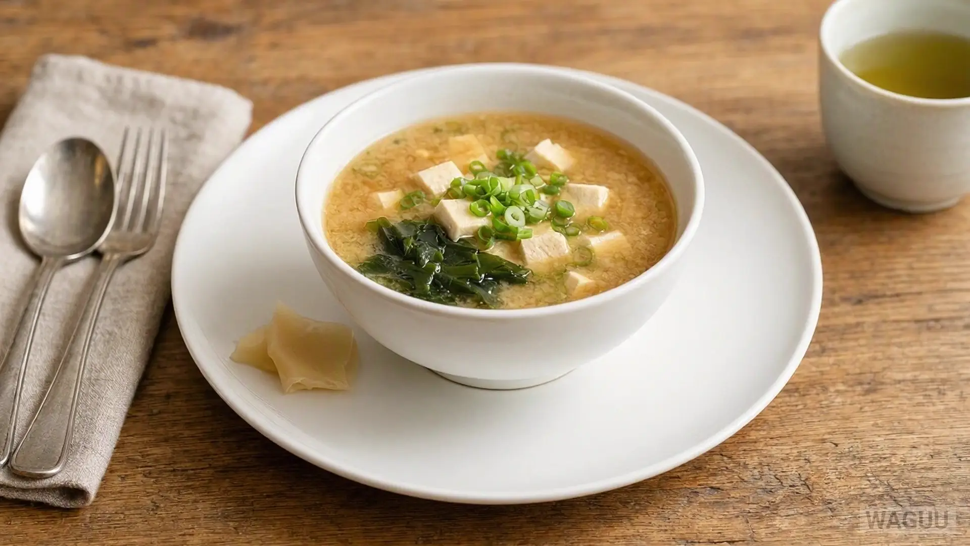 Miso Shiru – a traditional Japanese soup made of dashi broth and miso paste, usually containing tofu, wakame seaweed, and green onions.