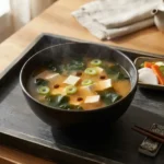 Miso Soup – tradiční polévka z dashi vývaru a miso pasty, často s tofu, wakame a jarní cibulkou