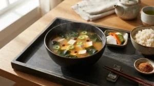 Miso Soup – tradiční polévka z dashi vývaru a miso pasty, často s tofu, wakame a jarní cibulkou