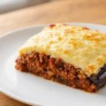 Moussaka – Řecký zapečený pokrm z vrstev lilku, masové směsi s rajčaty a krémového bešamelu, obvykle podávaný jako hlavní chod.