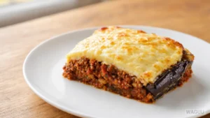 Moussaka – Greek baked dish consisting of layers of eggplant, meat mixture with tomatoes, and creamy béchamel, usually served as a main course.
