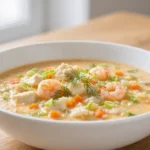 Zuppa di pesce cremosa norvegese con pezzi di pesce, gamberetti, verdure a radice ed erbe aromatiche, la cui forma varia a seconda della regione.