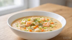 Fiskesuppe – Norská krémová rybí polévka s kousky ryb, krevetami, kořenovou zeleninou a bylinkami, jejíž podoba se liší podle regionu.
