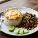 Pad Kra Pao – rychle restované mleté nebo jemně krájené maso s česnekem, chilli a thajskou bazalkou, podávané s rýží a často se sázeným vejcem.