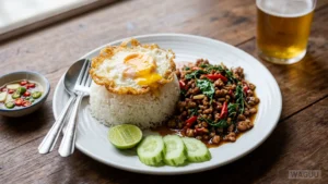 Pad Kra Pao – rychle restované mleté nebo jemně krájené maso s česnekem, chilli a thajskou bazalkou, podávané s rýží a často se sázeným vejcem.