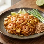 Pad Thai – restované rýžové nudle s vejcem, krevetami, tofu, tamarindem, arašídy a limetou