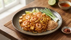 Pad Thai – restované rýžové nudle s vejcem, krevetami, tofu, tamarindem, arašídy a limetou