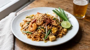 Pad Thai – slavné thajské restované rýžové nudle s krevetami nebo kuřecím masem, vejcem, tofu, klíčky mungo, arašídy a omáčkou z tamarindu, rybí omáčky a cukru.