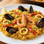 Paella – Španělské jídlo z rýže připravované na široké pánvi se šafránem, zeleninou, mořskými plody nebo masem podle konkrétní regionální varianty.