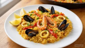 Paella – Spanish rice dish prepared in a wide pan with saffron, vegetables, seafood, or meat depending on the specific regional variation.