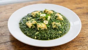Palak Paneer – kostky čerstvého indického sýra paneer v krémové omáčce ze špenátu, česneku, zázvoru a indického koření.