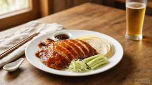 Pekingská kachna (北京烤鸭) – slavná čínská specialita s křupavou, dozlatova upečenou kůží a šťavnatým masem, tradičně podávaná s tenkými palačinkami, jarní cibulkou a omáčkou hoisin.
