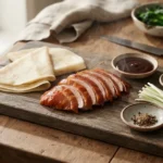 Pekingská kachna – slavnostně pečená kachna s křupavou kůží, tenkými plackami, jarní cibulkou a sladkou omáčkou