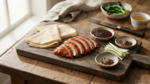 Pekingská kachna – slavnostně pečená kachna s křupavou kůží, tenkými plackami, jarní cibulkou a sladkou omáčkou