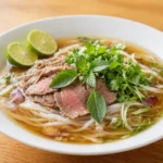 Phở Bò – ikonische vietnamesische Nudelsuppe mit Reisbandnudeln, dünnen Rindfleischscheiben und einer aromatischen Brühe, gekocht mit Sternanis, Zimt, Ingwer und Zwiebeln. Sie wird mit Kräutern, Limette und Chili serviert.