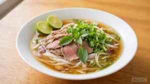 Phở Bò – ikonická vietnamská polévka s rýžovými nudlemi, tenkými plátky hovězího masa a aromatickým vývarem vařeným s badyánem, skořicí, zázvorem a cibulí. Podává se s bylinkami, limetkou a chilli.