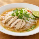 Phở Gà – mildere Variante der traditionellen Phở-Suppe mit Hühnerfleisch, Reisbandnudeln und einer klaren Brühe, abgeschmeckt mit Ingwer, Zwiebeln und Gewürzen.