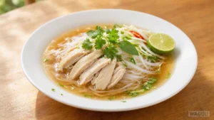 Phở Gà – jemnější varianta tradiční polévky phở s kuřecím masem, rýžovými nudlemi a čirým vývarem ochuceným zázvorem, cibulí a kořením.