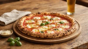 Pizza Napoletana: tradicional pizza napolitana con bordes esponjosos, tomates, mozzarella, albahaca fresca y aceite de oliva, horneada a muy alta temperatura