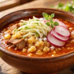 Pozole – tradizionale e sostanziosa zuppa a base di grandi chicchi di mais nixtamalizzato, preparata più spesso con carne di maiale o di pollo e servita con cavolo, ravanelli, lime e peperoncino.