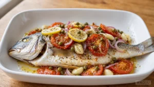 Psari Plaki – Greek baked fish with tomatoes, onions, garlic, and lemon, roasted in olive oil.