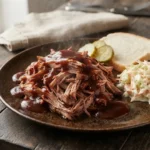 Pulled Pork – langsam gebackenes oder geräuchertes Schweinefleisch, in Fasern gezupft und mit Barbecue-Sauce serviert
