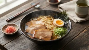 Ramen – nudlová polévka s bohatým vývarem, masem, vejcem, zeleninou a dalšími typickými přílohami
