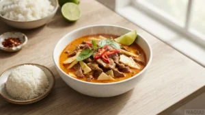 Red Curry (Gaeng Daeng) – červené kari z červené pasty a kokosového mléka s hovězím masem
