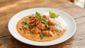 Red Curry (Gaeng Phed) – výrazné červené kari z kokosového mléka a červené kari pasty, připravované s masem, zeleninou a thajskou bazalkou, obvykle podávané s jasmínovou rýží.