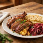 Gebackene Gans mit Lokschen und Kraut