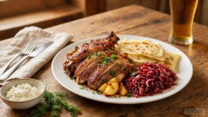 Roast goose with potato flatbreads and cabbage