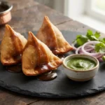 Samosa – smažené trojúhelníkové taštičky plněné bramborami, hráškem a kořením