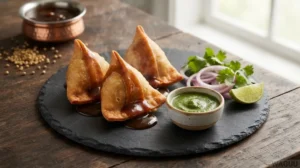 Samosa – smažené trojúhelníkové taštičky plněné bramborami, hráškem a kořením
