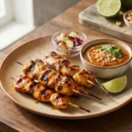 Satay Gai – marinované kuřecí špízy z grilu s arašídovou omáčkou a nakládanou zeleninou