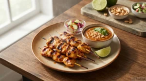 Satay Gai – marinované kuřecí špízy z grilu s arašídovou omáčkou a nakládanou zeleninou