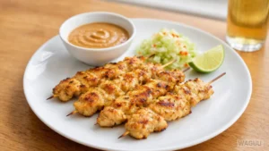 Satay Gai – marinované kuřecí špízy grilované dozlatova, podávané s arašídovou omáčkou a často také s okurkovým salátem v sladkokyselém nálevu.