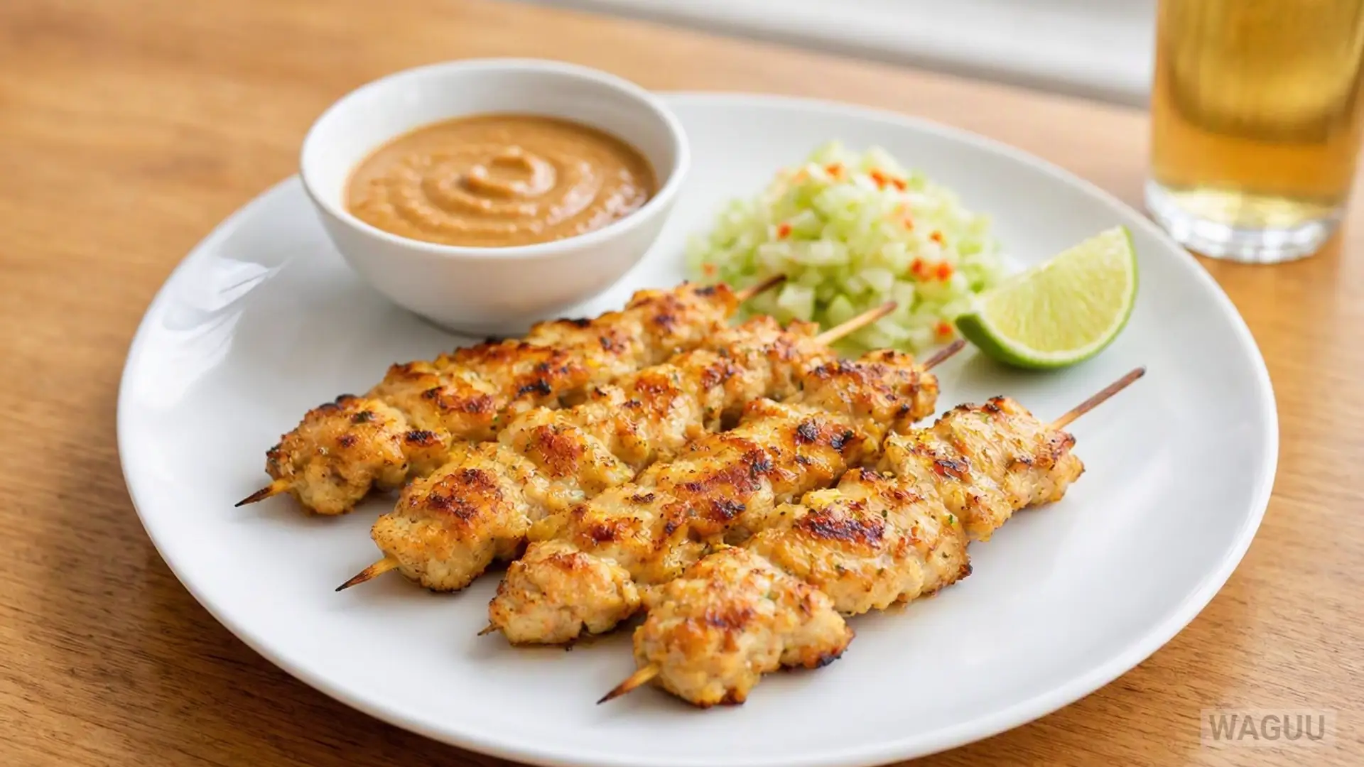 Satay Gai – marinated chicken skewers grilled to a golden brown, served with peanut sauce and often accompanied by a sweet and sour cucumber salad.