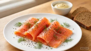 Gravlax – Skandinávský losos naložený v soli, cukru a kopru, krájený na tenké plátky a podávaný s hořčičnou omáčkou a pečivem.