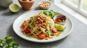 Som Tam – pikantní salát ze zelené papáji, chilli, limety, rybí omáčky a arašídů
