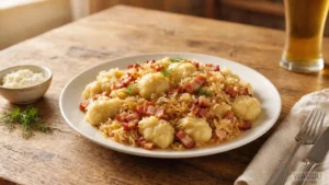 Potato dumplings with sauerkraut and bacon